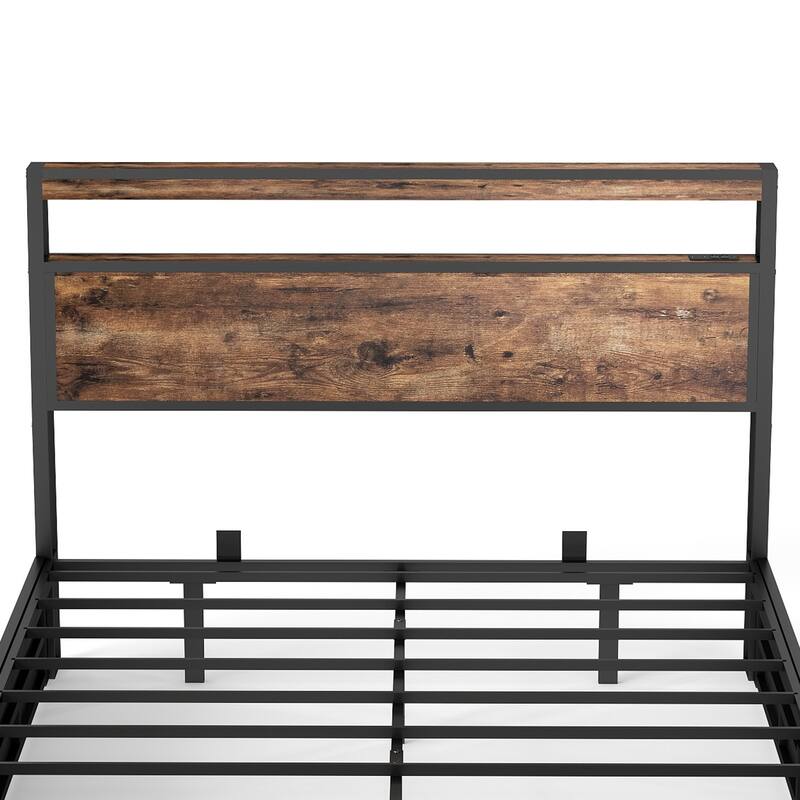 Lift Up Storage Bed Frame/Metal Platform Bed Frame with Charging Station&LED Lights/Noise-Free/No Box Spring Needed/Rustic Brown