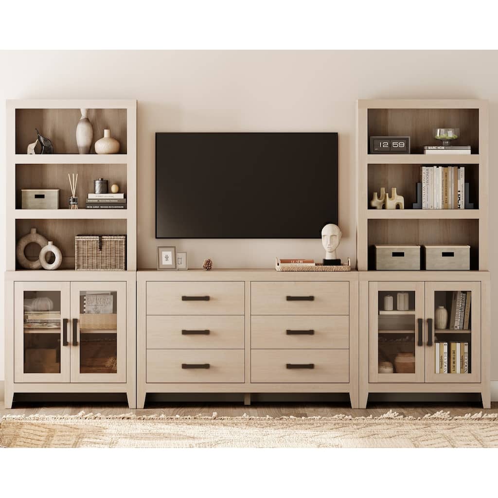 WAMPAT Farmhouse Entertainment Center with Bookshelves, Media Console with Glass Doors & 6 Storage Drawers