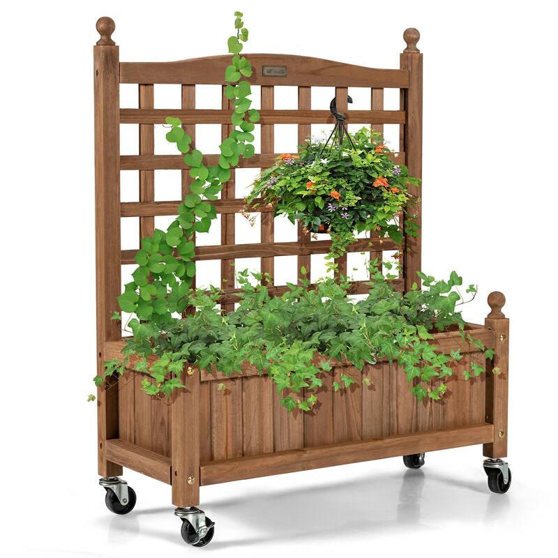 32in Wooden Planter Box with Trellis and Wheels for Climbing Plants - 25'' x 11'' x 32.5'' (L x W x H)