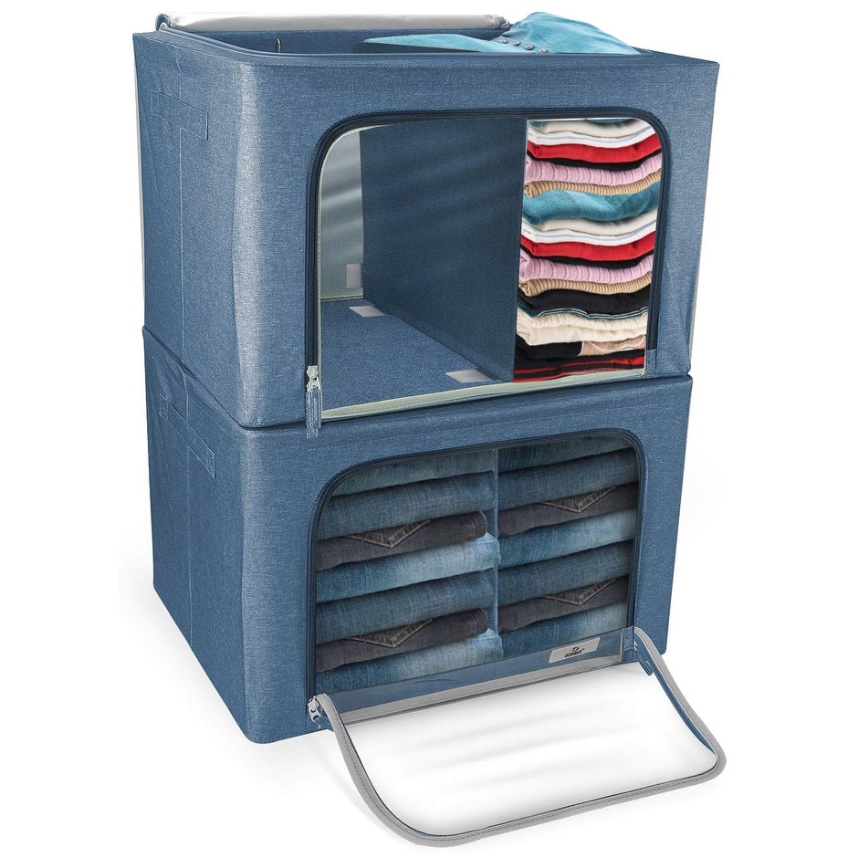 Foldable Storage Bag Breathable Bamboo Fabric Dustproof Organizer Box Charcoal - (2 Section - Blue)