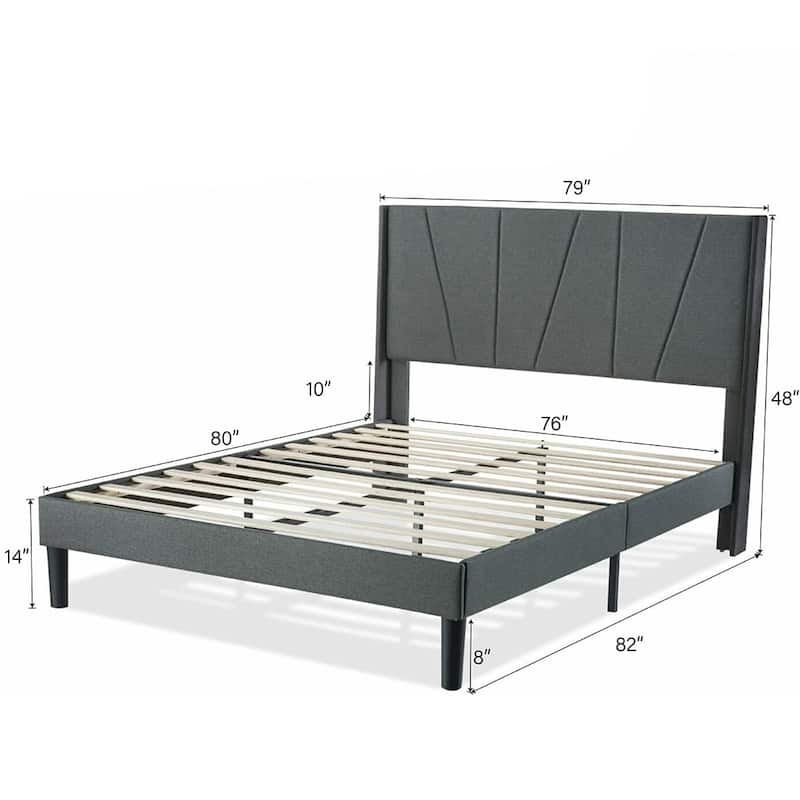 King Size Platform Bed Frame with Geometric Wingback Headboard, Grey ...