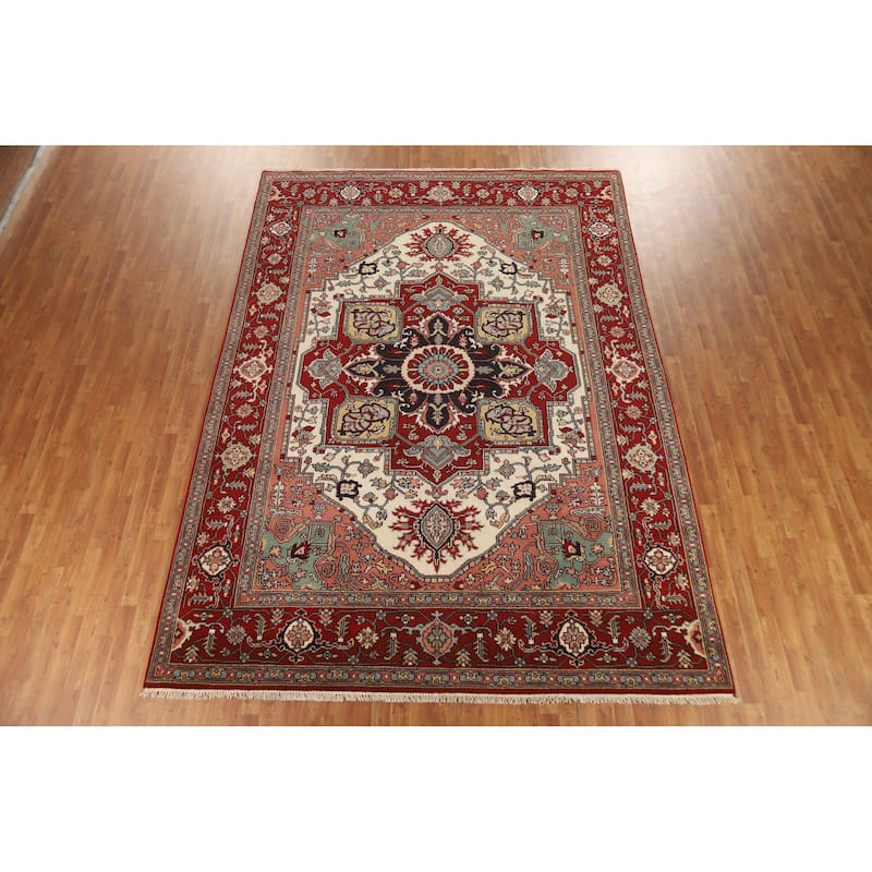 Hand Knotted Oriental 100% Wool Carpet Traditional Medallion Beige & Ivories Heriz (serapi) Area Rug - 12' 2'' X 8' 9''