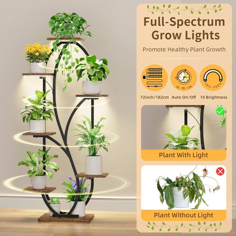 Brown-Black Wood 7-Tier Indoor Plant Stand Shelf with Grow Lights - 24.8" L x 11.8" W x 54.3" H