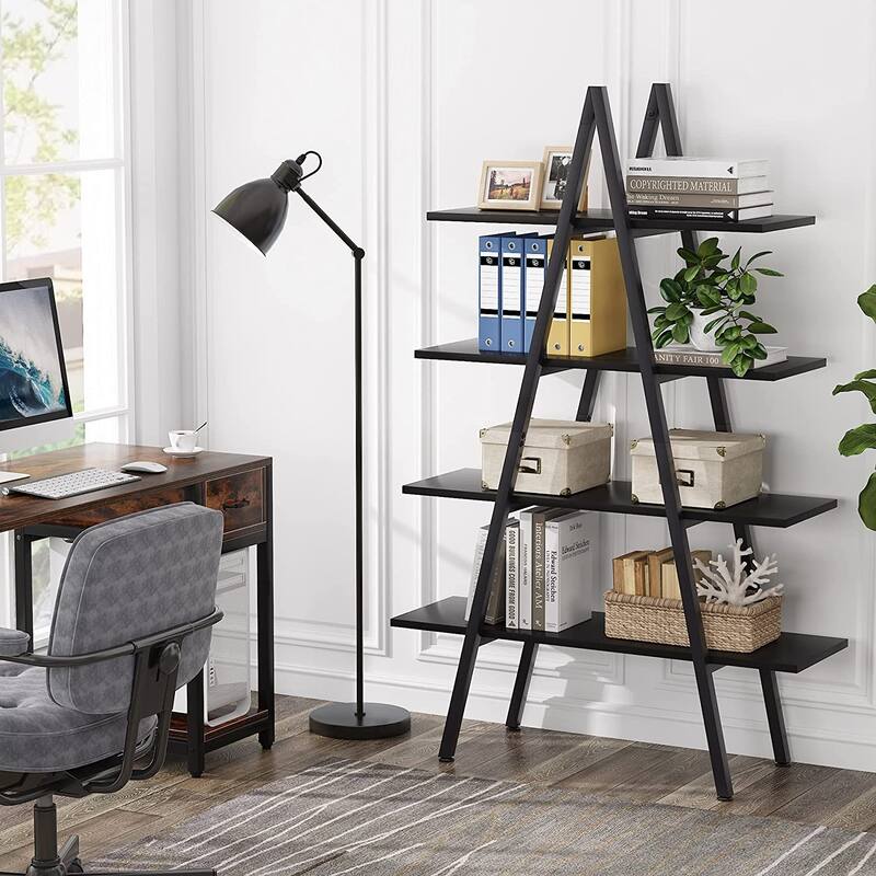 4-Tier Bookshelf Bookcase 4 Shelves Industrial Ladder Shelf, Brown and White
