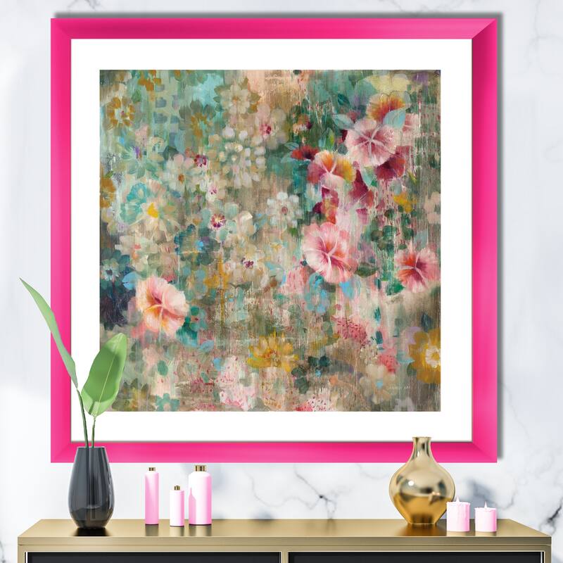Designart "Flower Shower III" Farmhouse Framed Art Print - 30 in. wide x 30 in. high - Pink