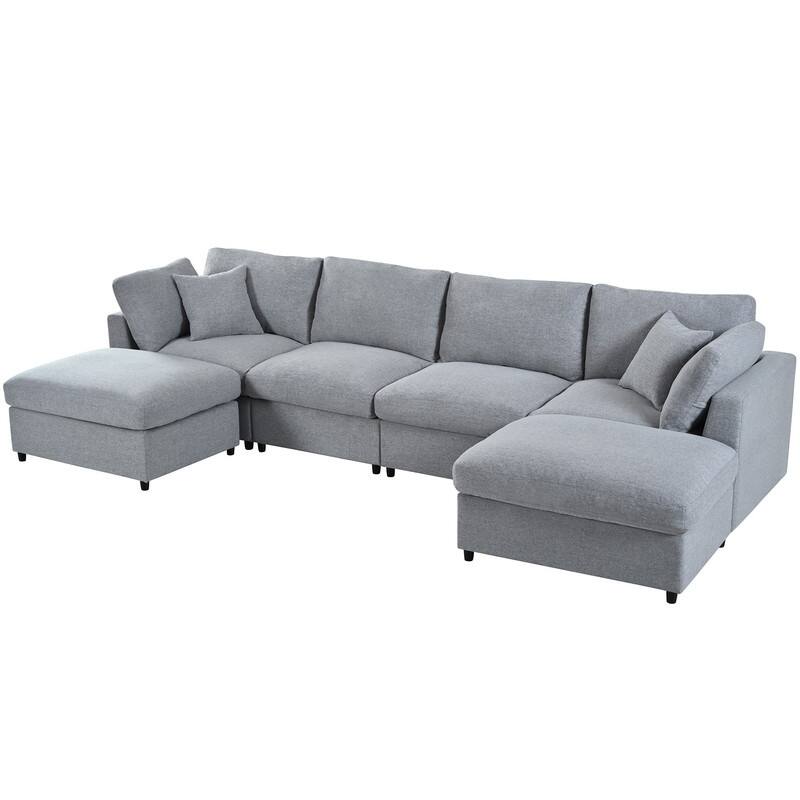U-Shaped 6-Piece Sectional Sofa with Movable Ottomans Modular Design Soft Chenille Fabric for Versatile Seating