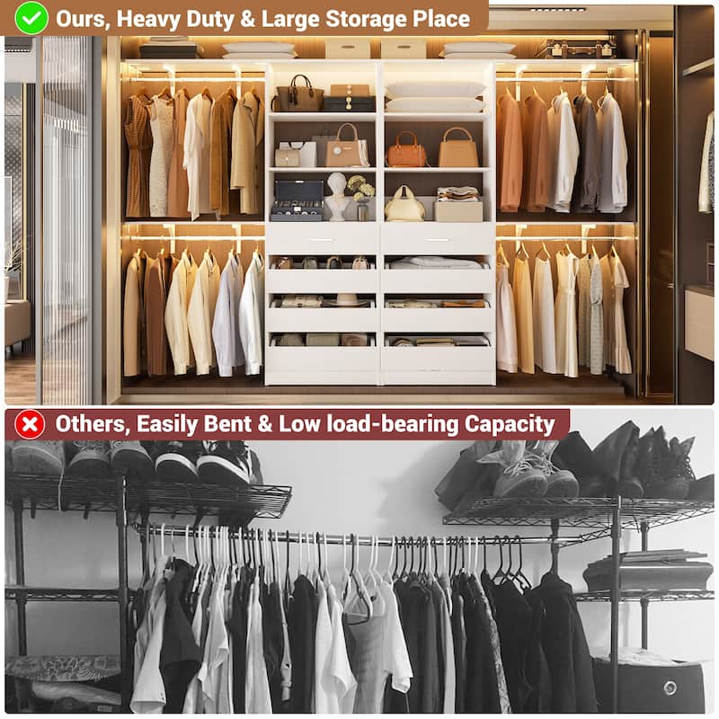 Set of 2 Closet System with Wooden Drawers and Hanging Rods, Closet Organizer with Adjustable Storage Shelves