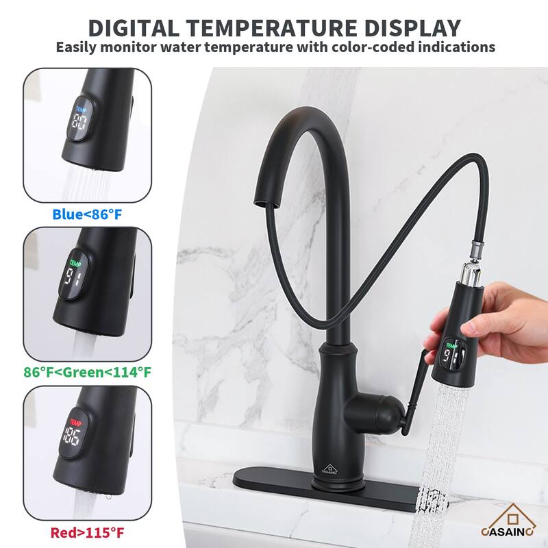 Single Handle Pull Down Sprayer Kitchen Faucet with Intelligent Temperature Display