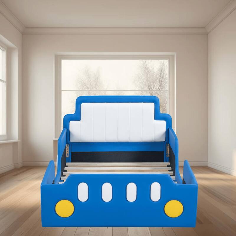 Twin Size Race Car Shaped Upholstered Platform Bed with Wheels, PU Leather, Sturdy Construction, Ideal for Kids Bedroom - Blue - Twin