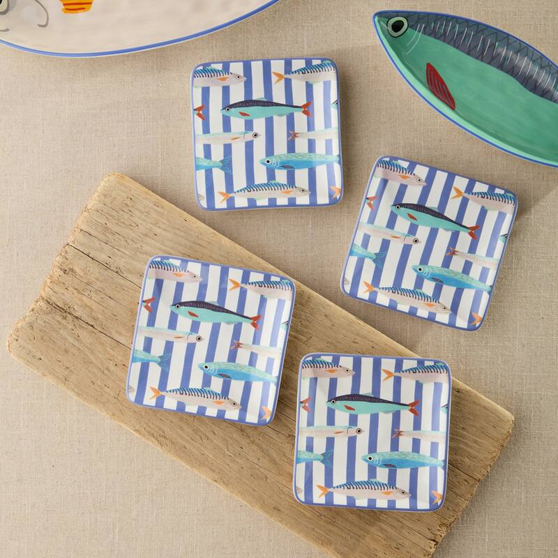Certified International Something Fishy 6" Canape/Luncheon Plates, Set of 4 Assorted Designs - 6.00"L x 6.00"W x 0.75"H