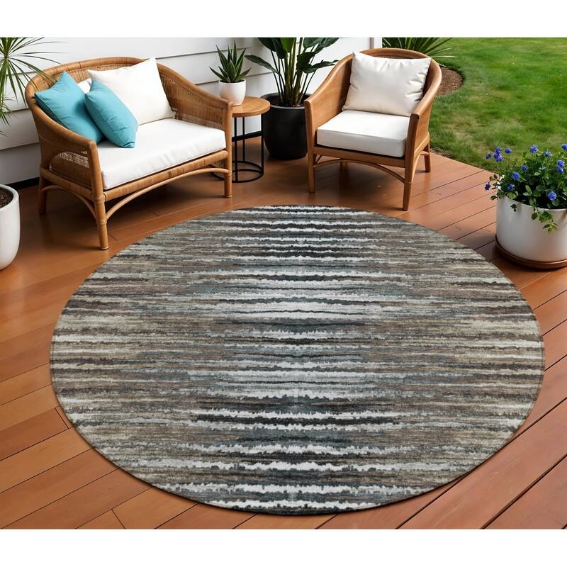 Alsin Stripe Easy-To-Clean Heritage-Inspired Outdoor Rug - 8' Round - Taupe/Brown/Chocolate