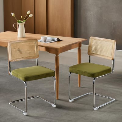 Mid Century Modern Dining Chairs Set of 2, Velvet Accent Chairs with Natural Cane Back & Stainless Chrome Base