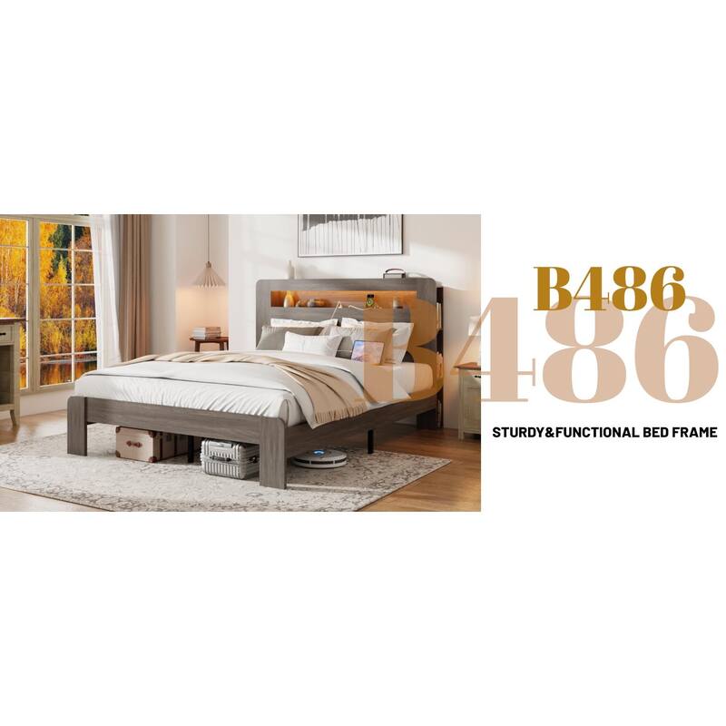 Wood Platform Bed Frame with Storage, LED Light Headboard and 2 USB Ports, Noise-Free