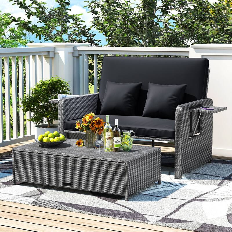 Gymax Rattan Daybed Wicker Loveseat Sofa Set w/ Ottoman & Retractable