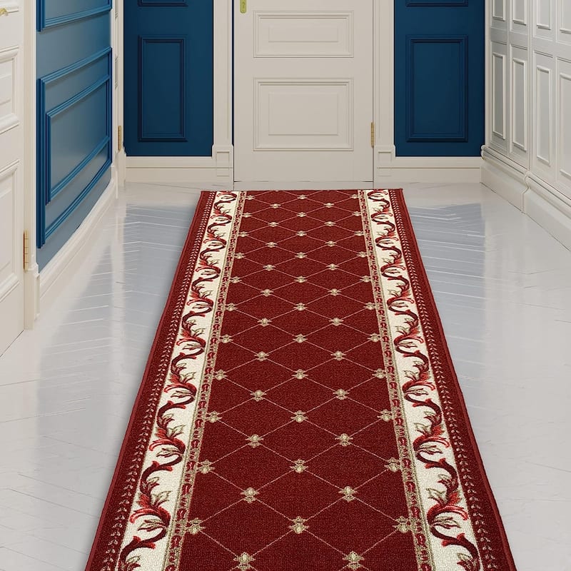 Custom Size French Trellis Design Blue,Brown,Red Color Non-Slip Rubber Backing-26 Inch WidexYour Choice of Length Runner Rug