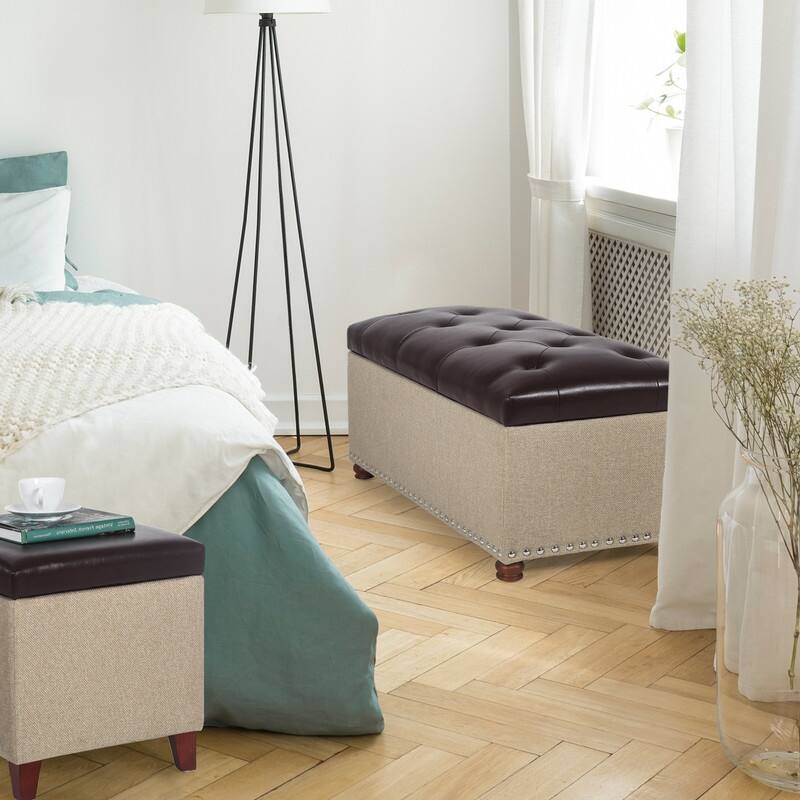 Adeco Rectangular Storage Ottoman Tufted Faux-Leather Bench Lifted Top