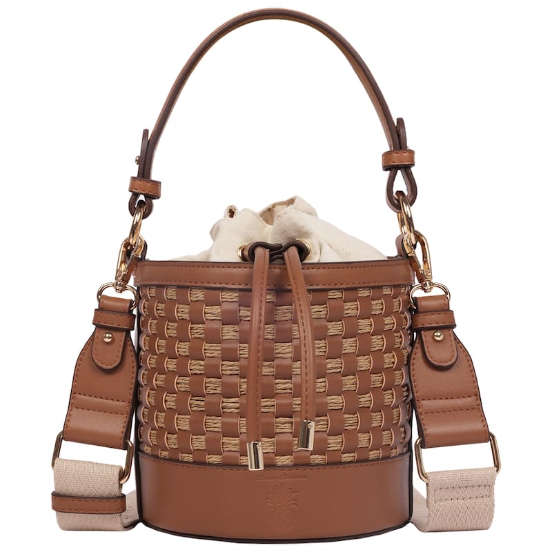 Tommy Bahama Raffia & Woven Drawstring Bucket Bag - Convertible Top Handle & Crossbody