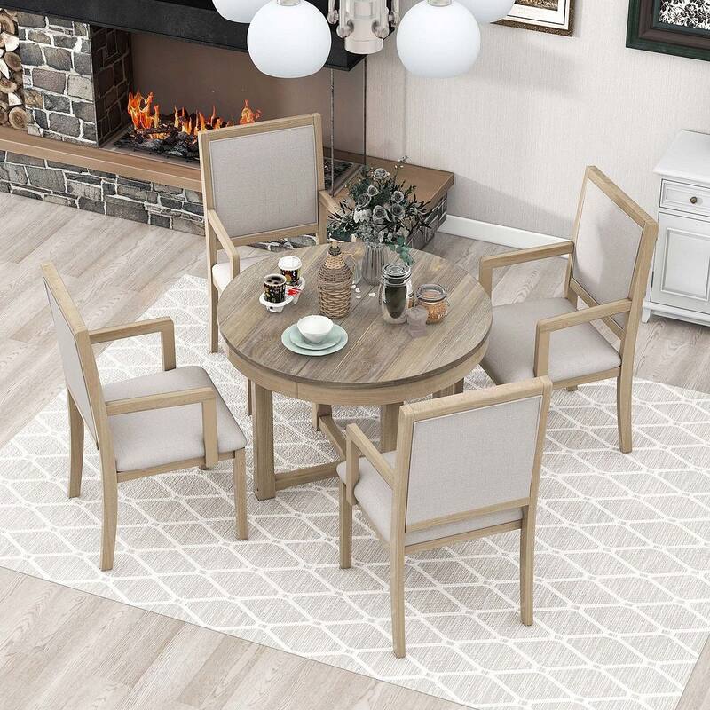 Wooden Round Drop Leaf Extendable Dining Table Set with 4 Upholstered Chairs