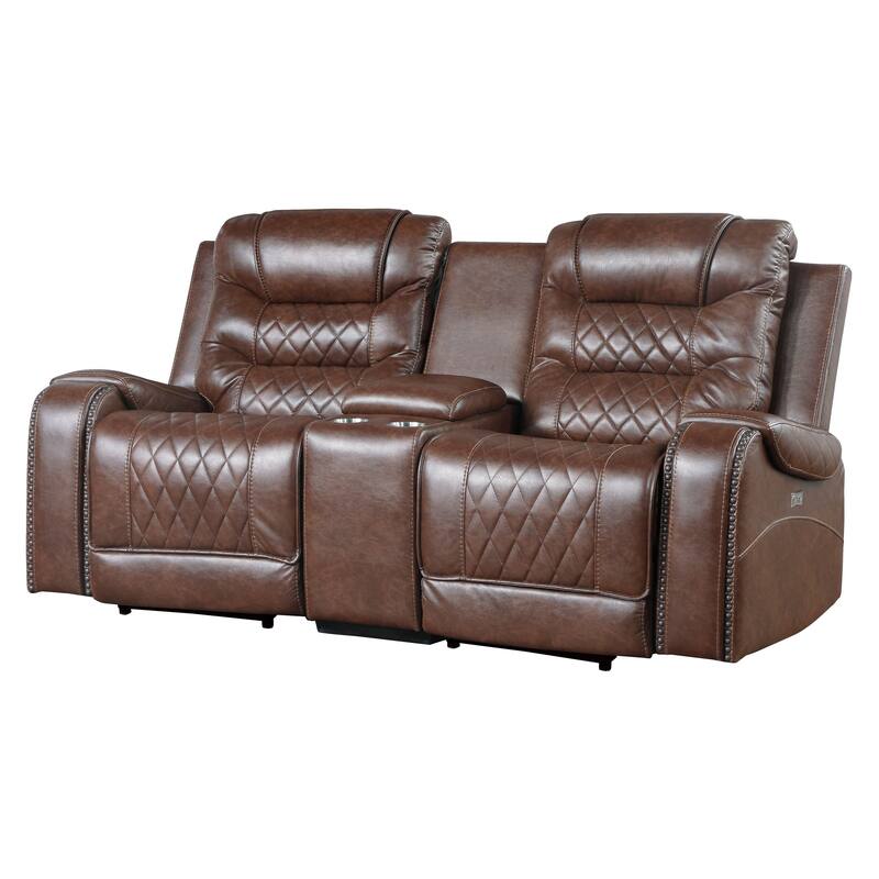 Paul 78 Inch Power Recliner Loveseat, Cupholder Console, Brown Faux Leather