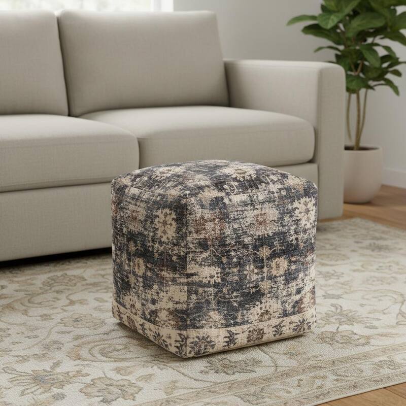 HomeRoots 18" Navy Blue and Tan Medallion Pouf Ottoman - Navy Blue/Tan - 18.00 in. x 18.00 in.  x 18.00 in.