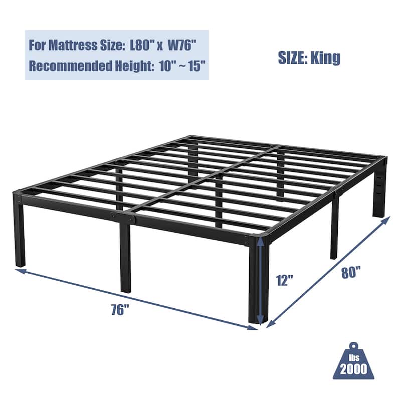 12" Heavy Duty Metal Bed Frame with Round Corners, Box Spring Not Required, Noise Free