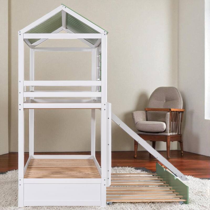 Twin over Twin House Bunk Bed with Trundle and Convertible Slide, Roof Design and Guardrails