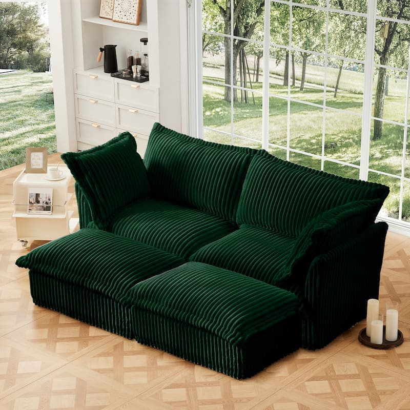 Slipcovered Corduroy 2-Seater Sofa with 2 Ottomans - Green