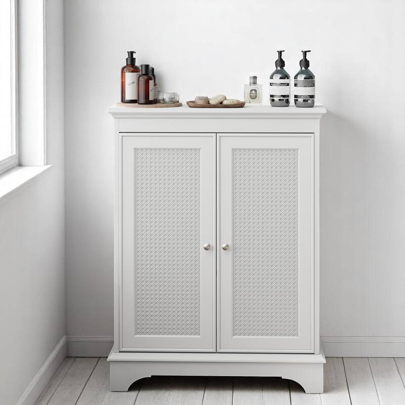 Modern White Rattan Cabinet with Adjustable Partition, 2 Doors, Freestanding Accent Storage for Hallway or Kitchen - White