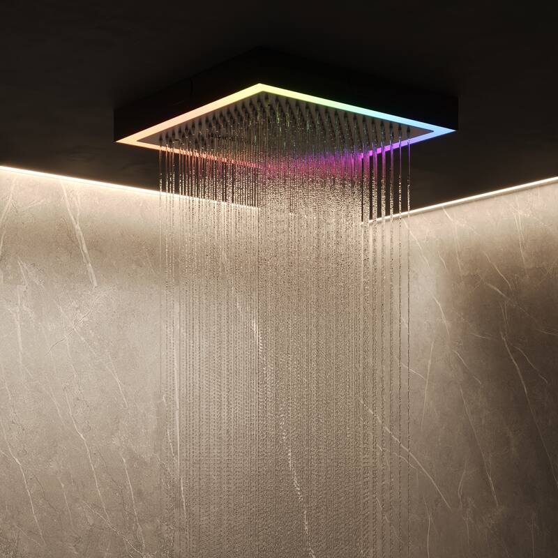 GRANDJOY Thermostatic LED Rain and Waterfall Shower System with Handheld, Built-In Music Function