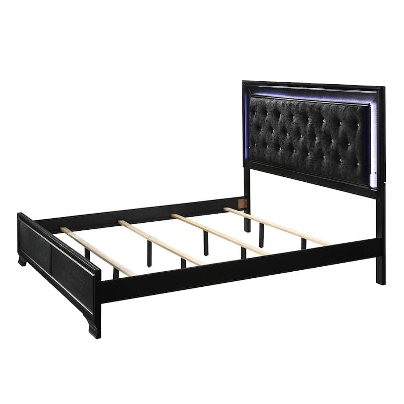 Nathalie Black LED Velvet Upholstered Tufted Panel Bed