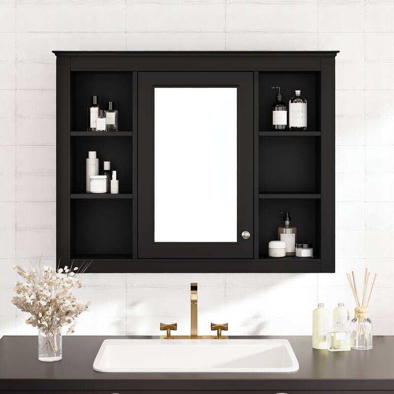 Modern Bathroom Mirror Cabinet, 35" Medicine Cabinet with 1 Door and 6 Open Shelves, Wall Mounted - Black