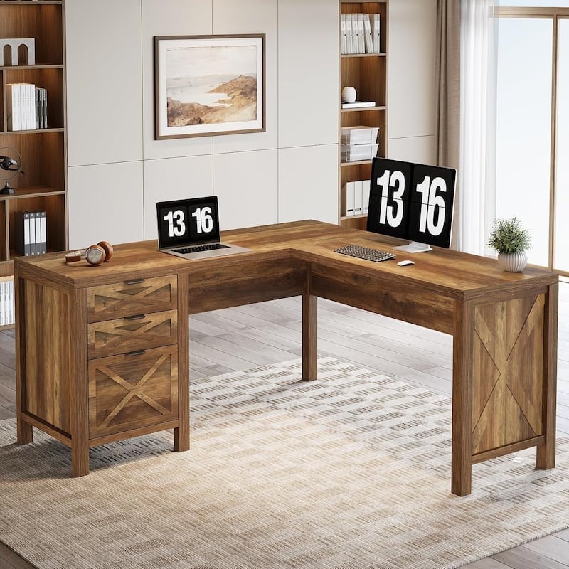 L Shaped Executive Desk with 3 Drawers, 59" Large Corner Computer Desk