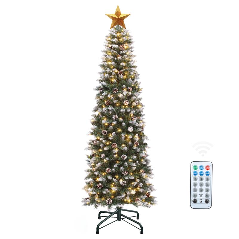 6/7.5 FT Flocked & Frosted Slim Prelit Artificial Hinged Xmas Tree