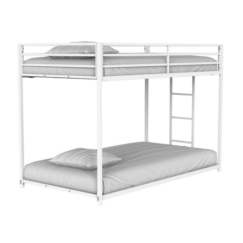 Twin Over Twin Metal Low Bunk Bed with Attached Ladder and Full Metal Construction