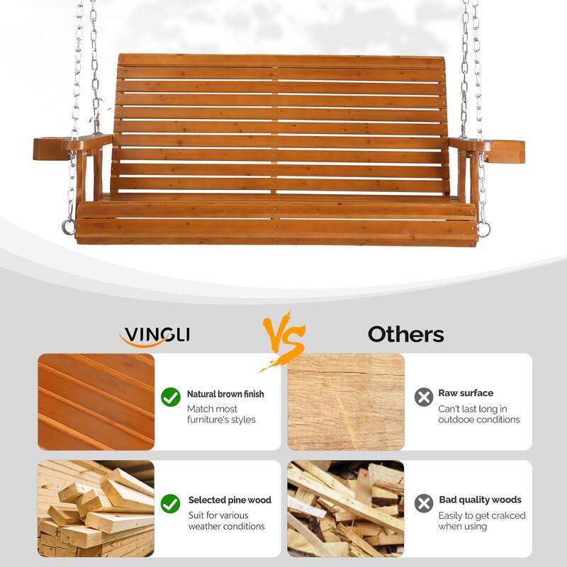 Upgraded 2-Person Wood Porch Swing with Cup Holders and Chains - N/A