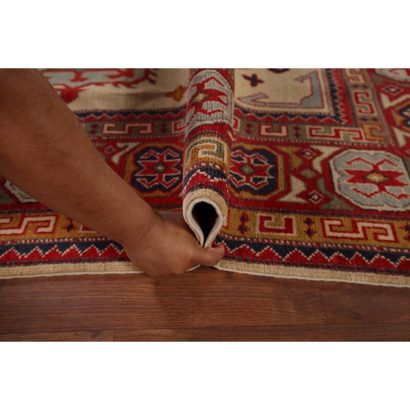 Hand Knotted Oriental 100% Wool Carpet Traditional Geometric Yellow & Gold Kazak Area Rug - 9' 8'' X 6' 5''