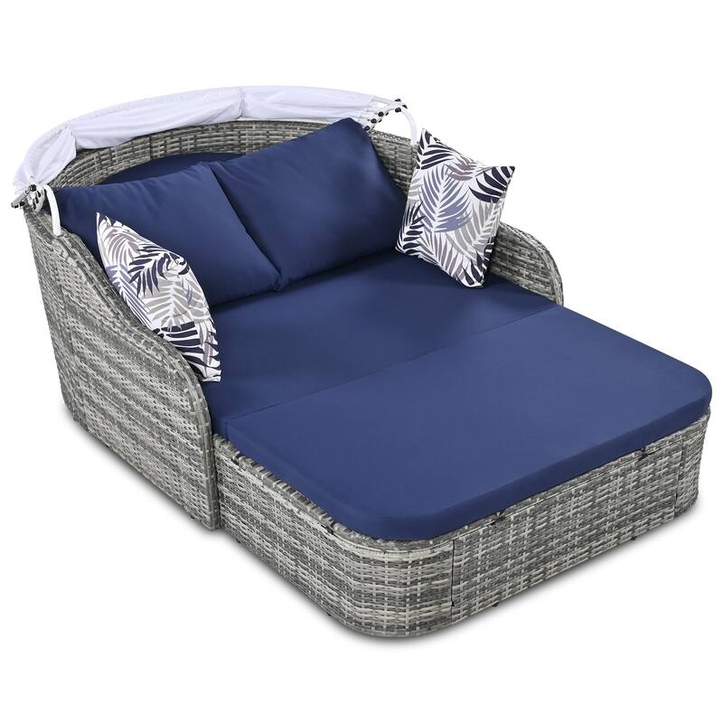 79.9" Outdoor PE Rattan Daybed with Adjustable Canopy