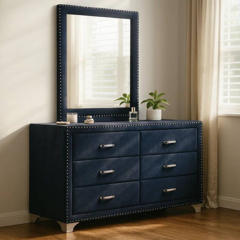 Giya Wide Dresser with Rectangular Rivet Trim Mirror, Navy Blue Velvet