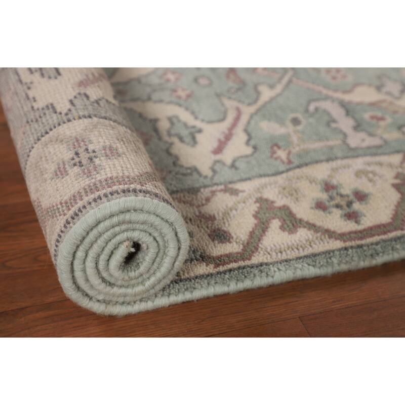 Turquoise Green Oushak Indian Runner Rug Hand-Knotted Wool Carpet - 2'8"x 8'5"