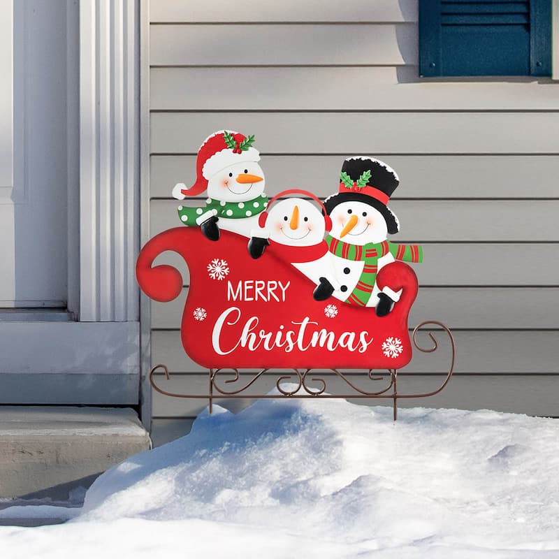 Glitzhome Metal Christmas Snowman Family Nutcracker JOY Yard Stakes Wall Decor - Snowmen Riding Sleigh
