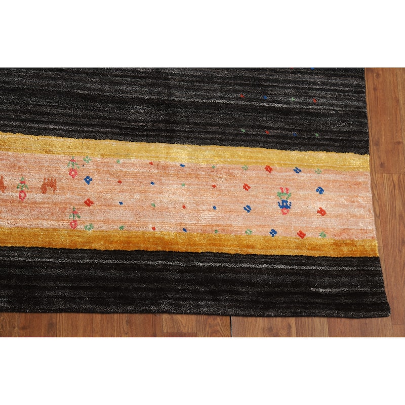 Striped Black Gabbeh Oriental Area Rug Hand-Knotted Silk Carpet - 8'2" x 9'8"