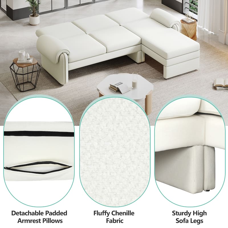 94.1" Convertible Futon Sofa Bed, Adjustable Backrest, Reversible Chaise, Detachable Pillows, Beige Chenille Upholstery