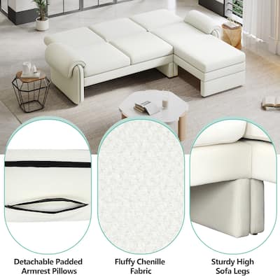 Convertible Futon Sofa Bed with Reversible Chaise Lounge, 2 Removable Armrest Pillows and Folding Backrest for Living Room