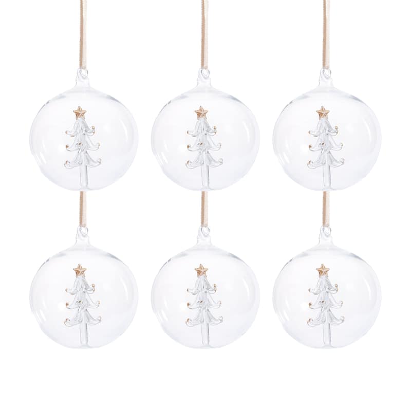 Clear Glass Ball Ornaments with Holiday Tree Motif, Set of 6, 4"