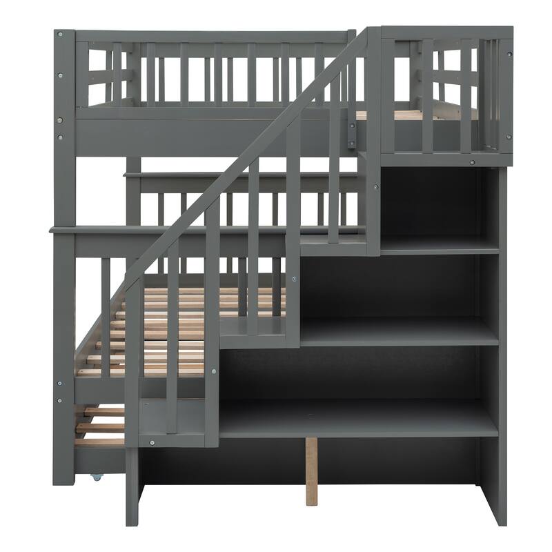 Full Over Full Bunk Bed with Stairway, Twin Size Trundle, Guard Rail and Storage