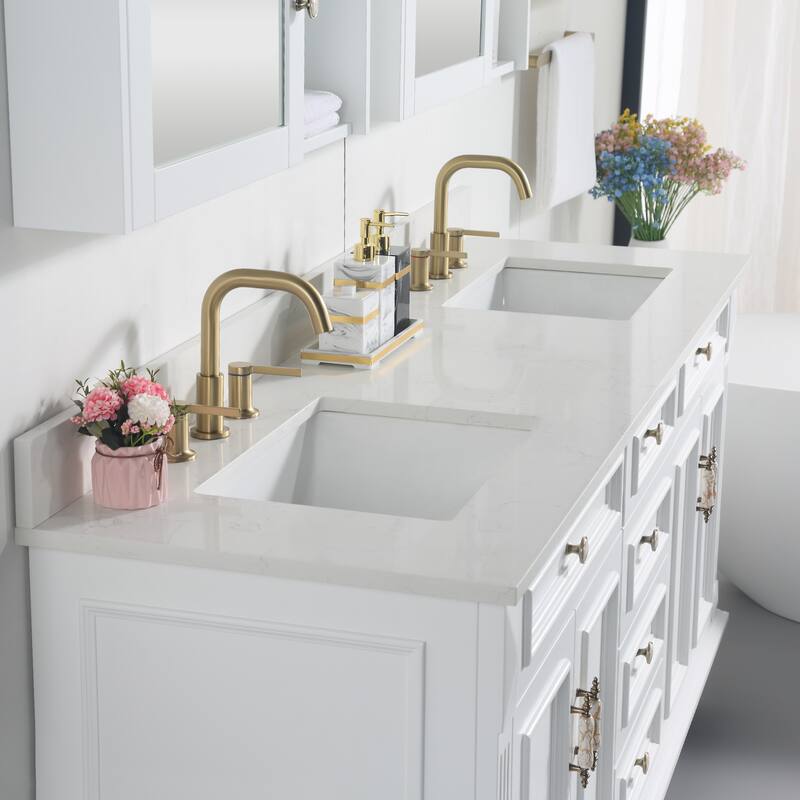 35'' H Solid Wood Bath Vanity with Stain-resistant Carrera White Quartz Top and Double Sink