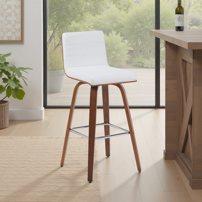 Skara Swivel Bar Stool, Upholstered Bar Height Chair with Bentwood Frame - Snow White & Walnut