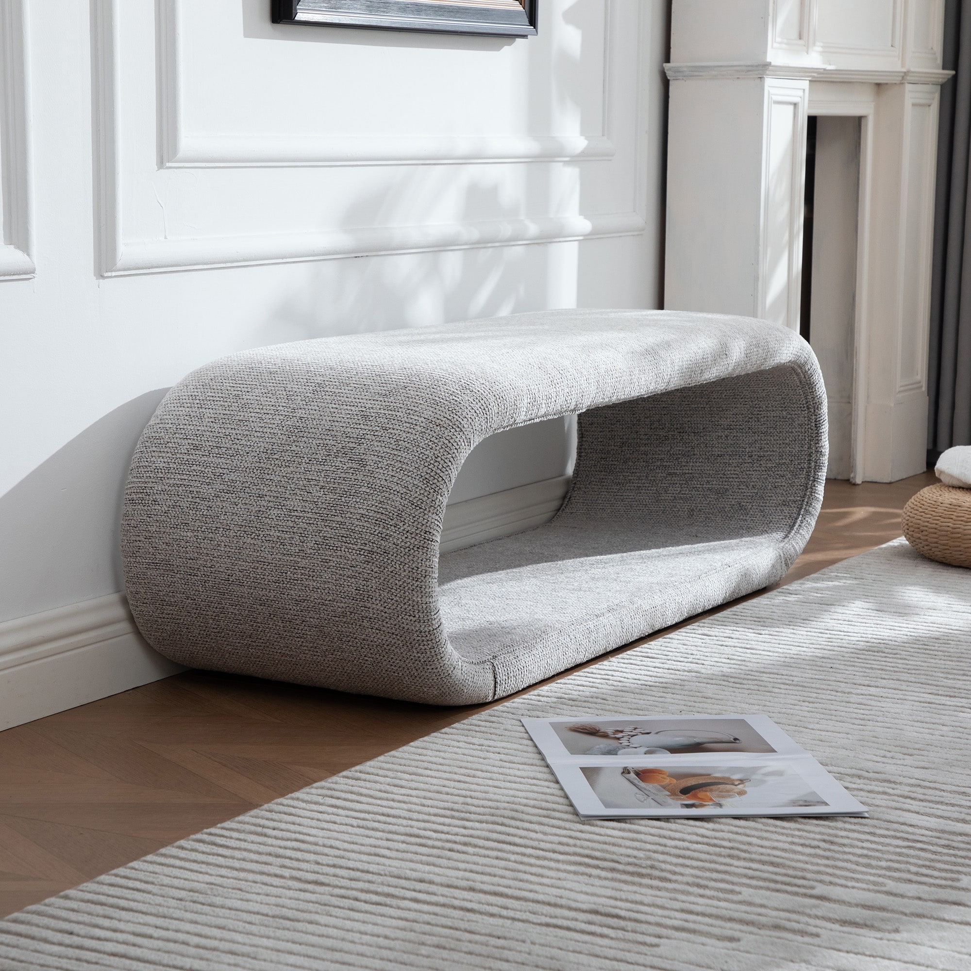 52.2''W Modern Chenille Upholstered Bench, Entryway Shoe Bench Stool