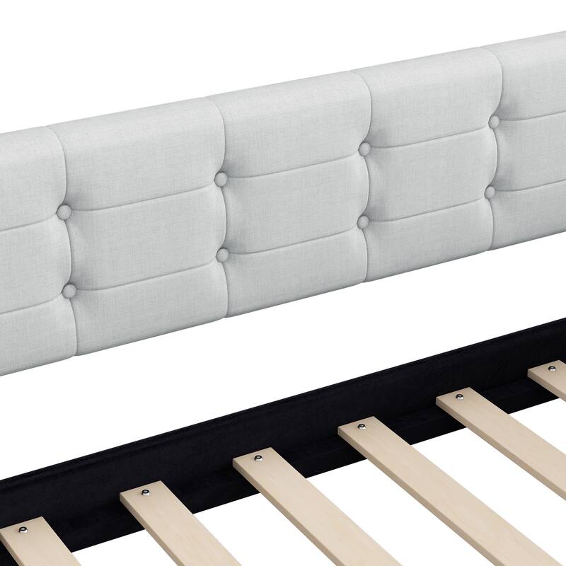 Roomfitters Queen Size Upholstered Daybed, Mid-Century Modern Sofa Bed Frame with Backrest and Tapered Wood Legs