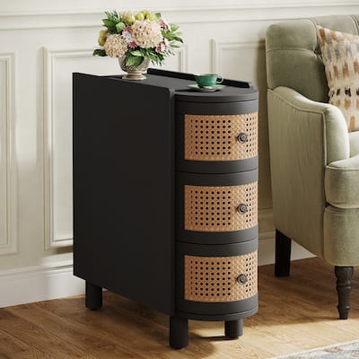 Solid Wood End Table, 3-Drawer Rattan Side Table, Night Stand with Exquisite Embossed Handles for Living Room